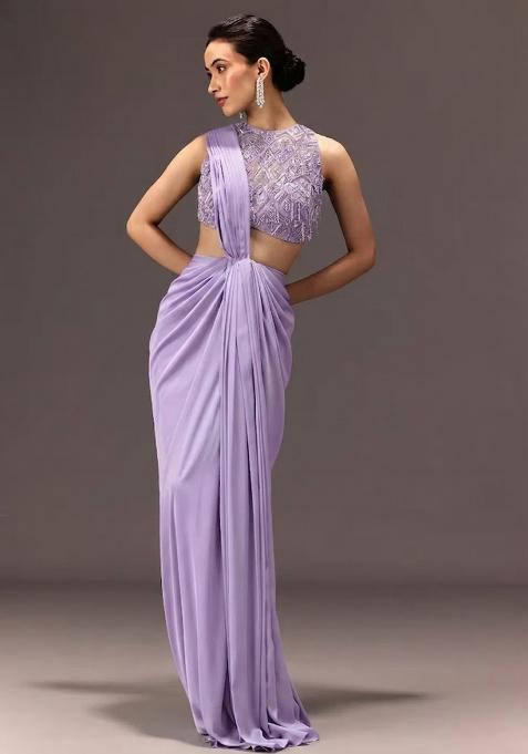 Lavender Embroidered Handwork  Pre Draped Saree Set