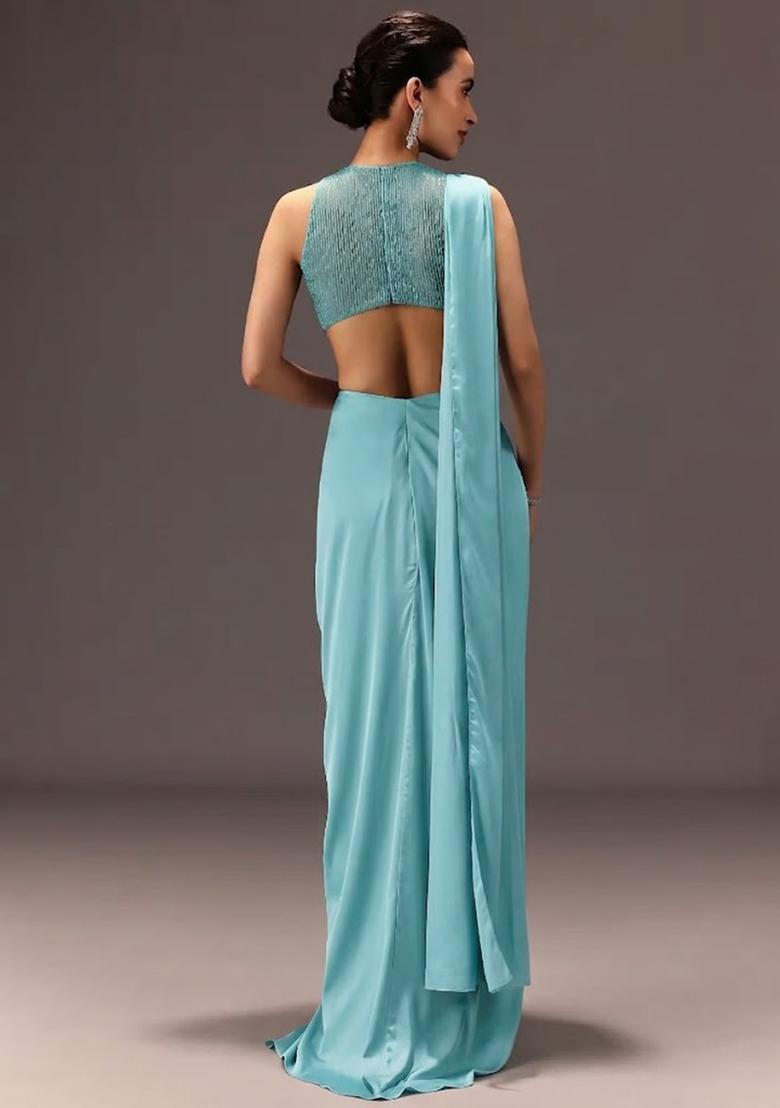 Sky Blue Embroidered Handwork Pre Draped Saree Set - Indya