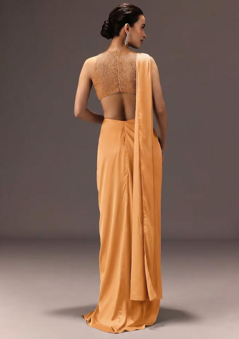Mustard Gold Embroidered Handwork Pre Draped Saree Set - Indya