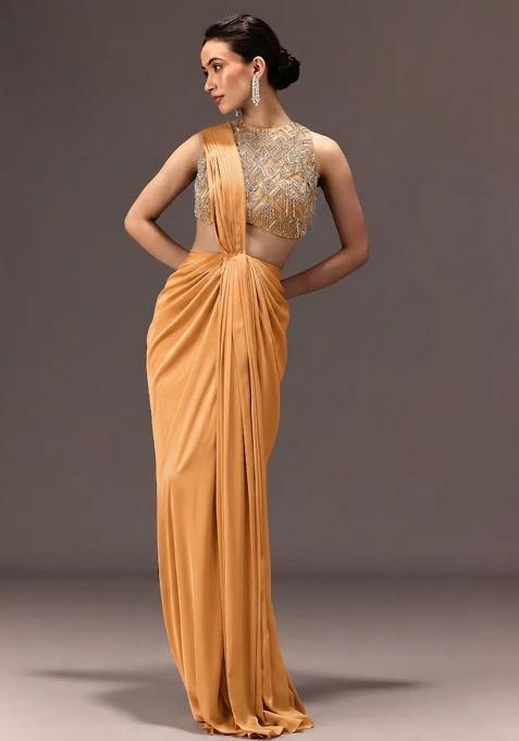 Mustard Gold Embroidered Handwork  Pre Draped Saree Set