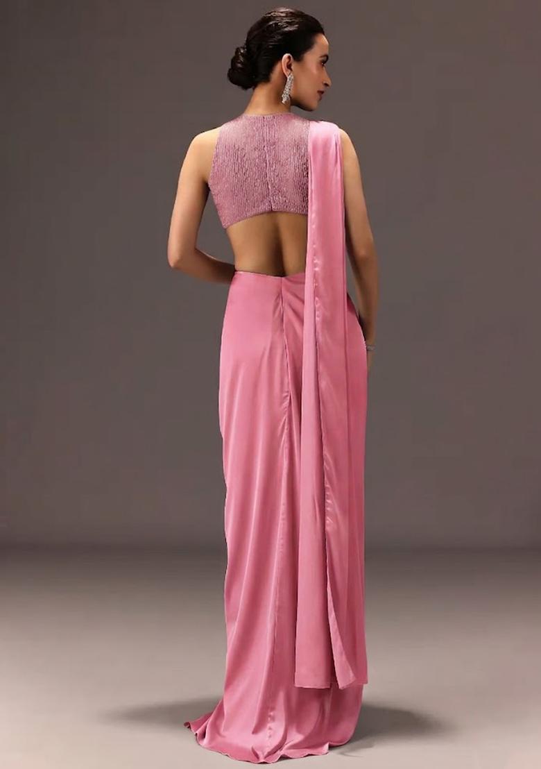 Rose Pink Embroidered Handwork Pre Draped Saree Set - Indya