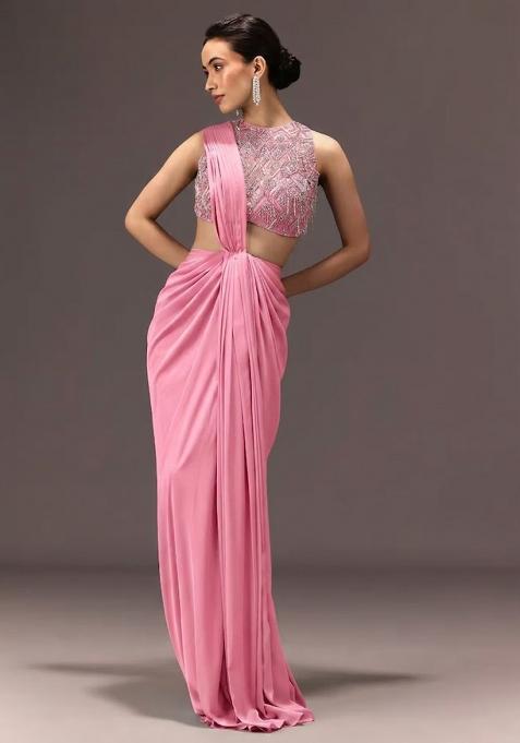 Rose Pink Embroidered Handwork  Pre Draped Saree Set