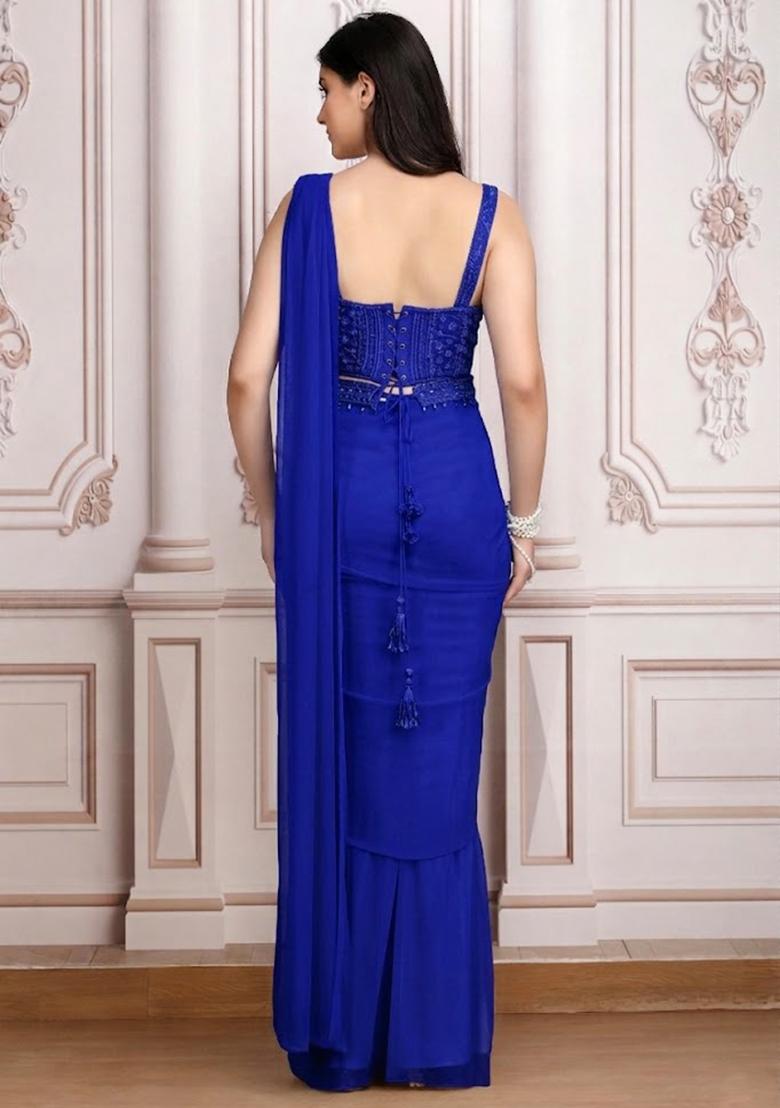 Royal Blue Embroidered Handwork Pre Draped Saree Set - Indya