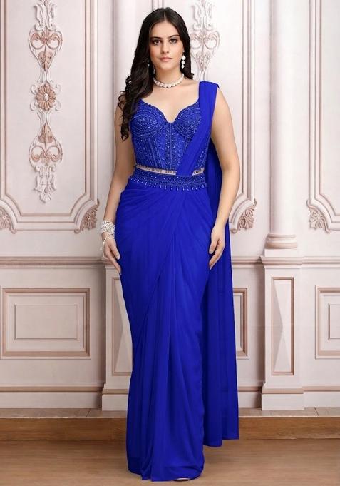 Royal Blue Embroidered Handwork  Pre Draped Saree Set