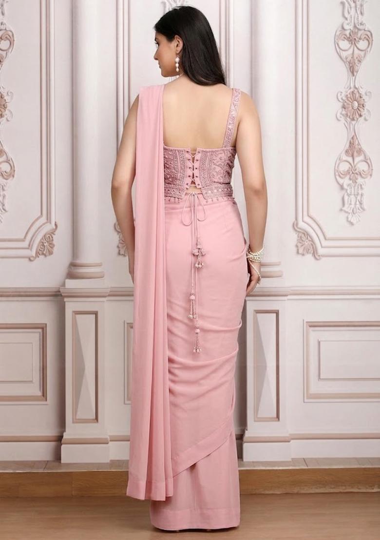 Blush Pink Embroidered Handwork Pre Draped Saree Set - Indya
