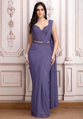 Purple  Embroidered Handwork  Pre Draped Saree Set
