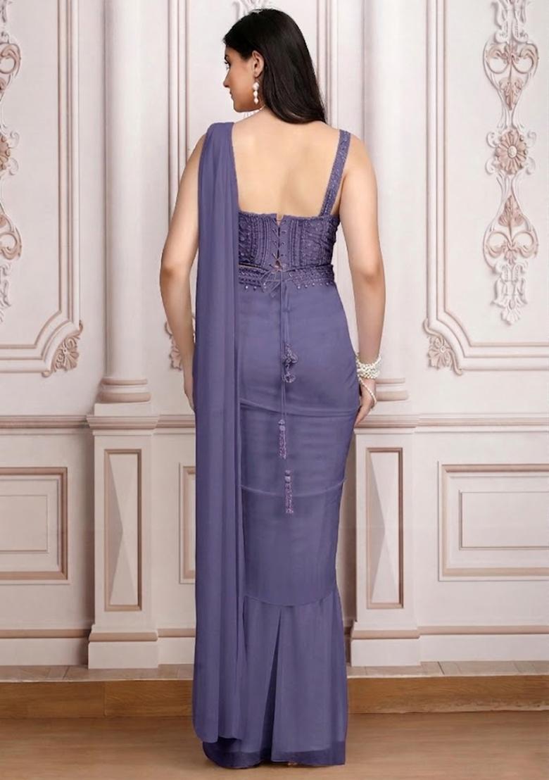 Purple Embroidered Handwork Pre Draped Saree Set - Indya