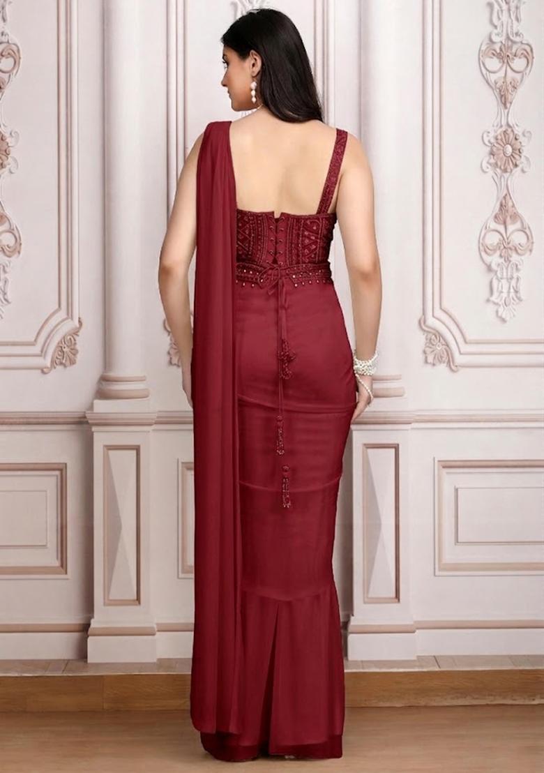 Maroon Embroidered Handwork  Pre Draped Saree Set - Indya
