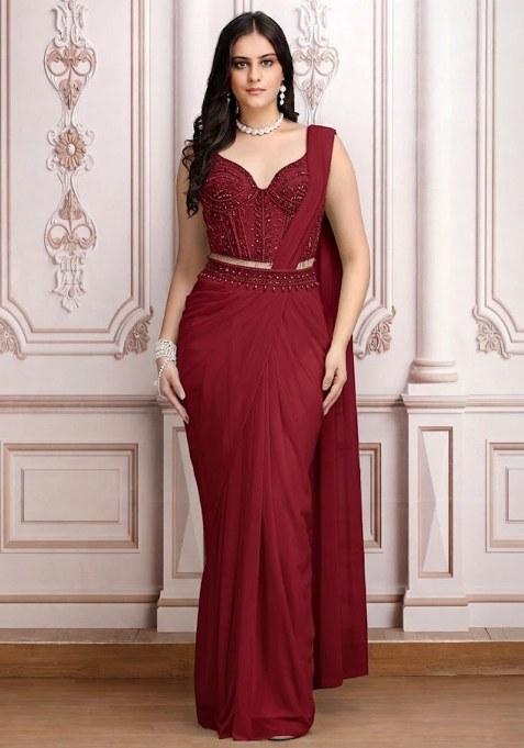 Maroon Embroidered Handwork  Pre Draped Saree Set