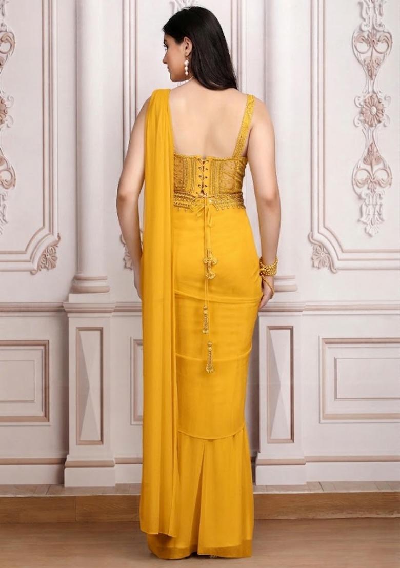 Yellow Embroidered Handwork Pre Draped Saree Set - Indya