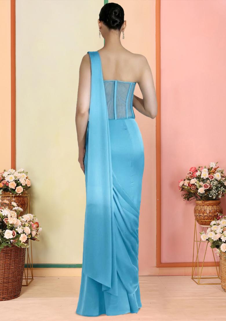Cerulean Blue Embroidered Handwork  Pre Draped Saree Set - Indya