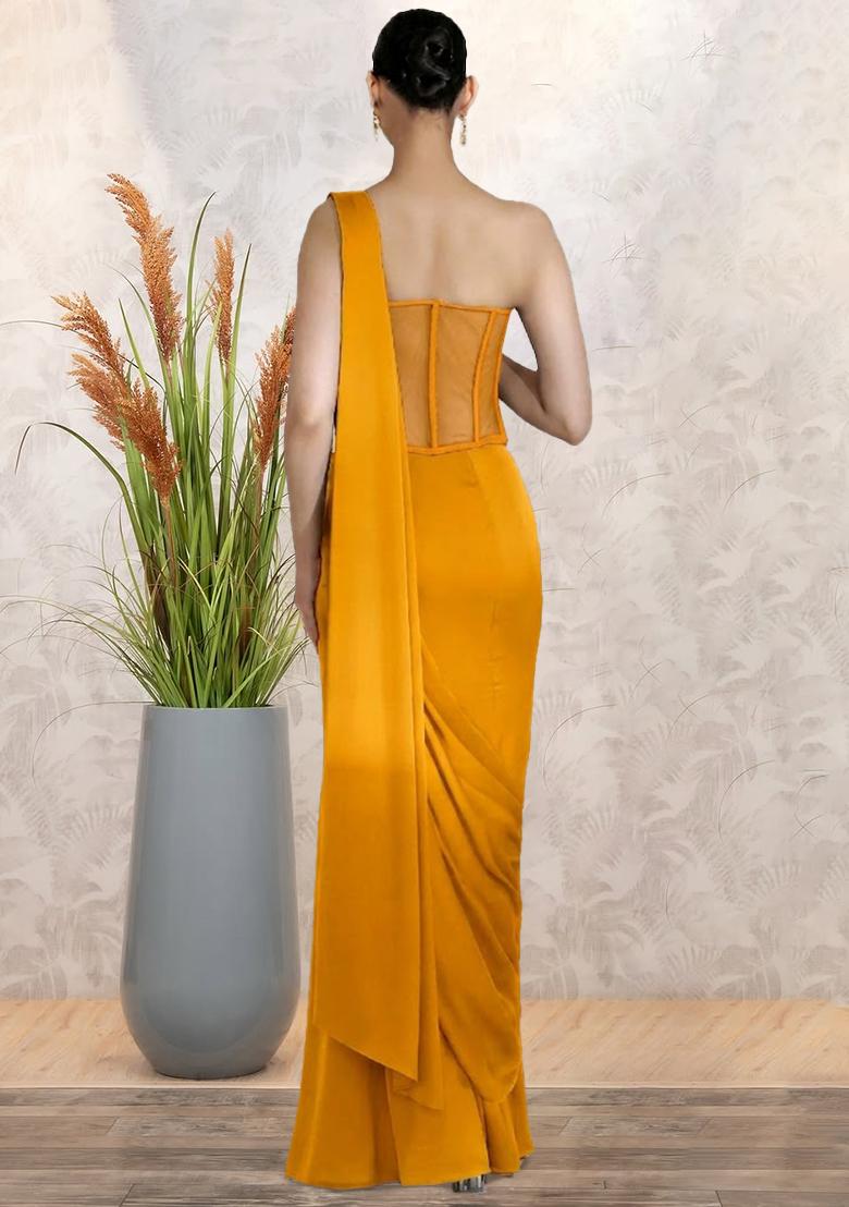 Mustard Yellow Embroidered Handwork Pre Draped Saree Set - Indya