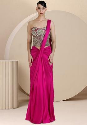 Pink Embroidered Handwork  Pre Draped Saree Set