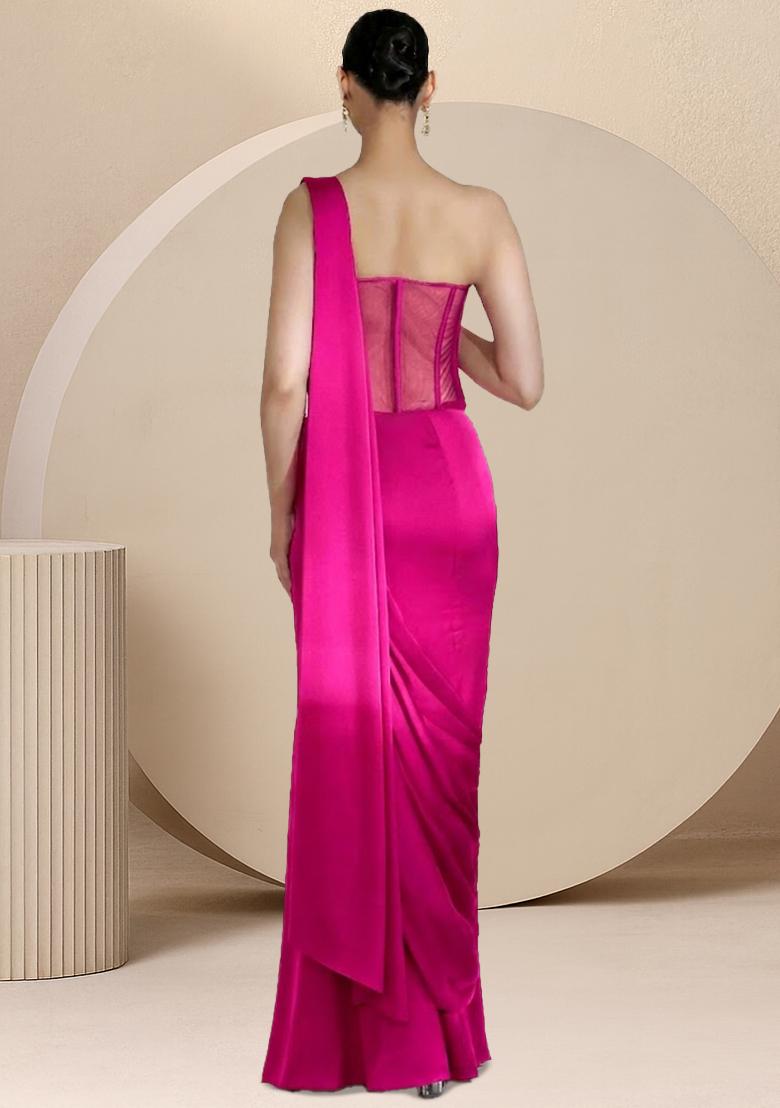 Pink Embroidered Handwork Pre Draped Saree Set - Indya