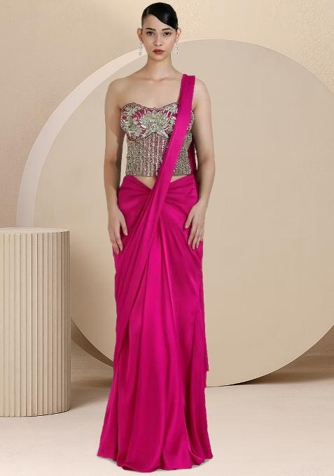 Pink Embroidered Handwork  Pre Draped Saree Set