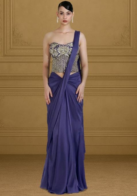 Purple  Embroidered Handwork  Pre Draped Saree Set