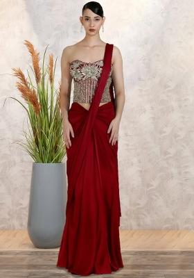 Red Embroidered Handwork  Pre Draped Saree Set