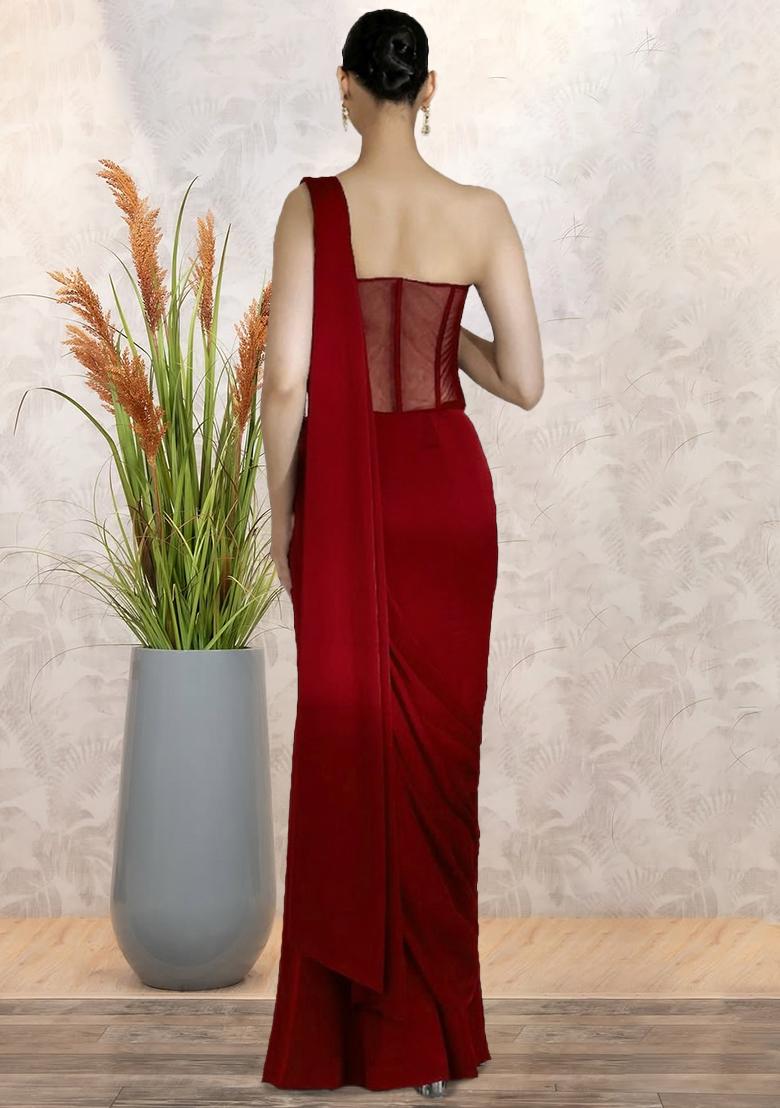 Red Embroidered Handwork Pre Draped Saree Set - Indya