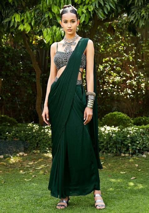 Dark Green Embroidered Handwork  Pre Draped Saree Set