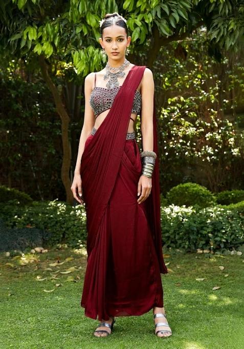 Maroon Embroidered Handwork  Pre Draped Saree Set