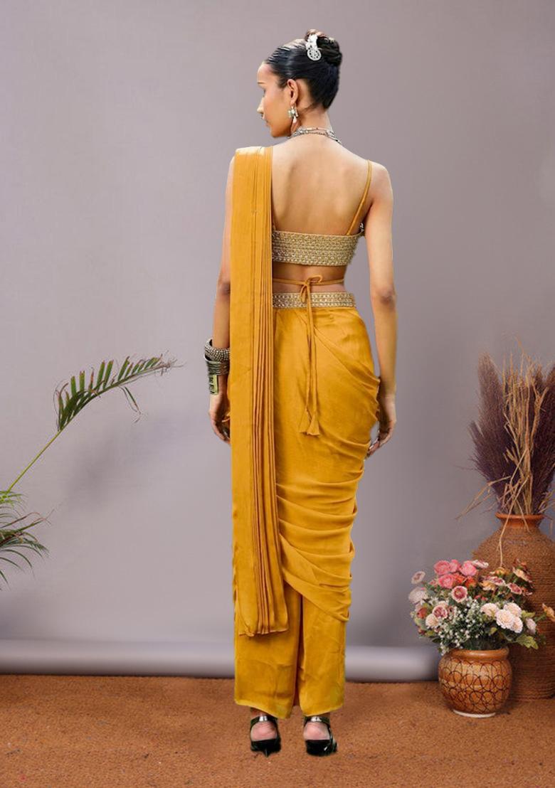 Yellow Embroidered Handwork Pre Draped Saree Set - Indya