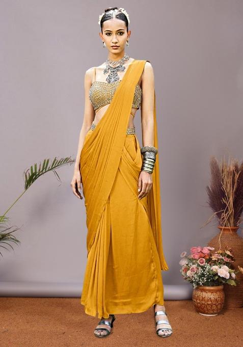 Yellow Embroidered Handwork  Pre Draped Saree Set