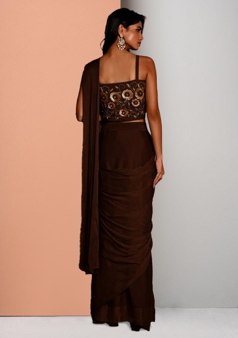 Brown Embroidered Handwork Pre Draped Saree Set - Indya