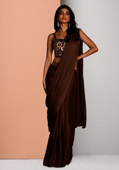 Brown Embroidered Handwork  Pre Draped Saree Set