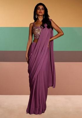 Pink Embroidered Handwork  Pre Draped Saree Set