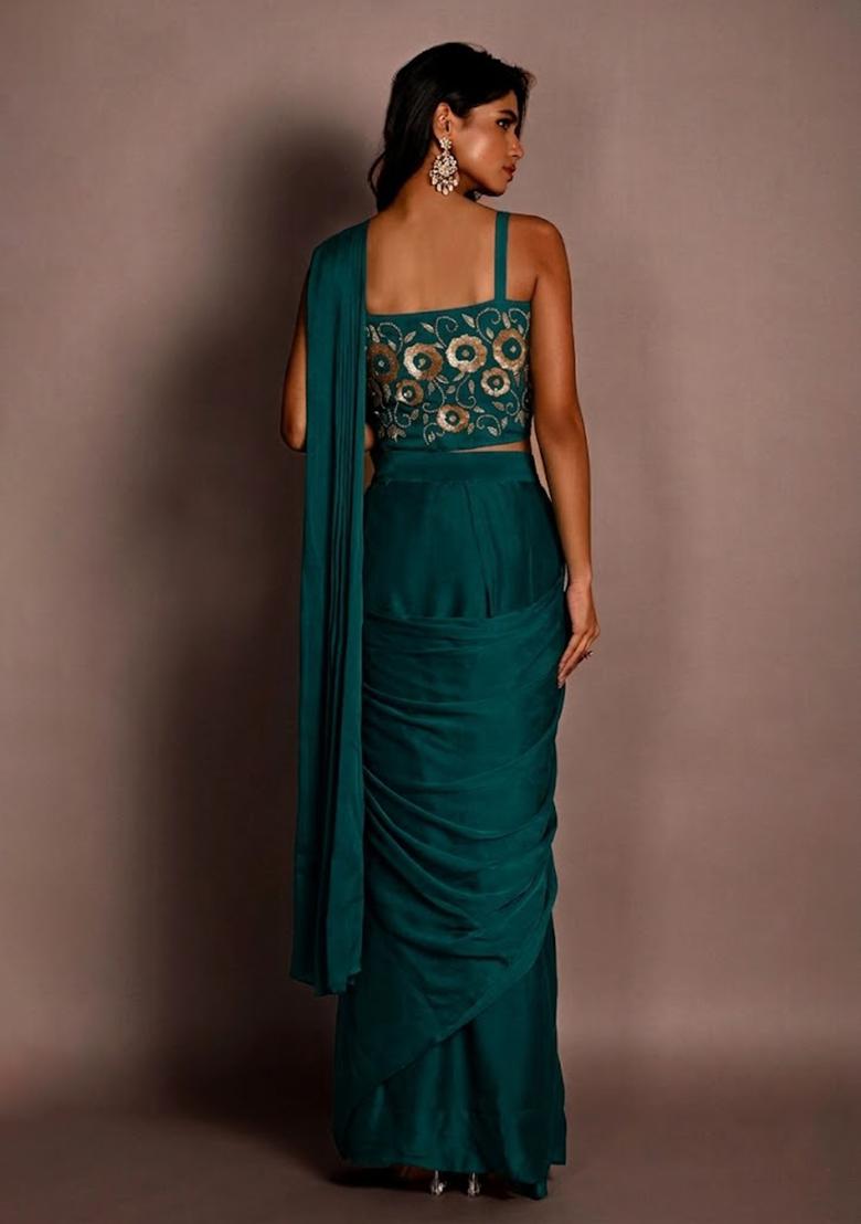 Teal Blue Embroidered Handwork Pre Draped Saree Set - Indya