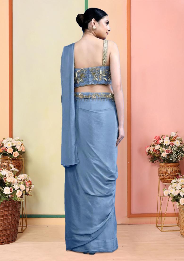 Steel Blue Grey Embroidered Handwork Pre Draped Saree Set - Indya