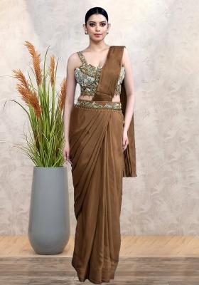 Brown Embroidered Handwork  Pre Draped Saree Set