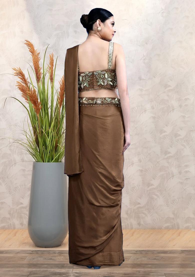 Brown Embroidered Handwork  Pre Draped Saree Set - Indya