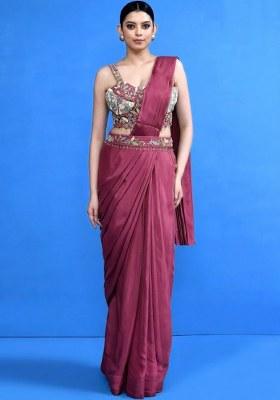 Pink Embroidered Handwork  Pre Draped Saree Set