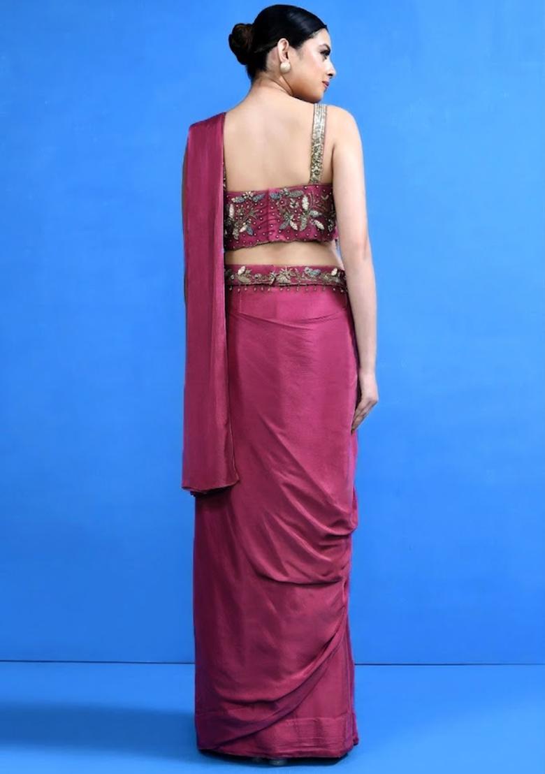 Pink Embroidered Handwork Pre Draped Saree Set - Indya