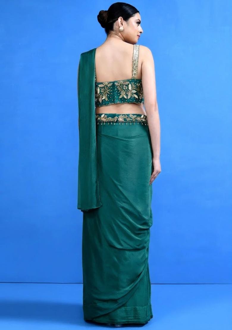 Green Embroidered Handwork Pre Draped Saree Set - Indya