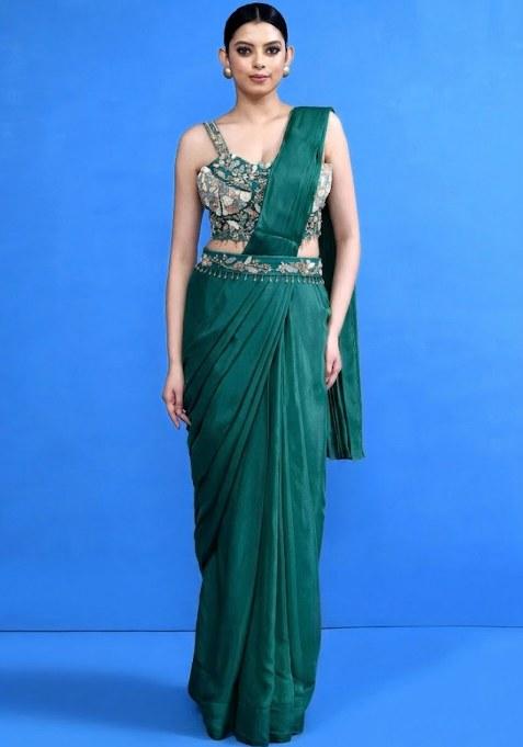 Green Embroidered Handwork  Pre Draped Saree Set