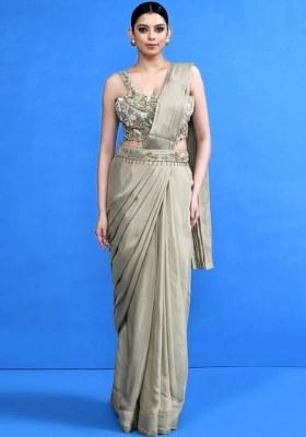 Beige Embroidered Handwork  Pre Draped Saree Set
