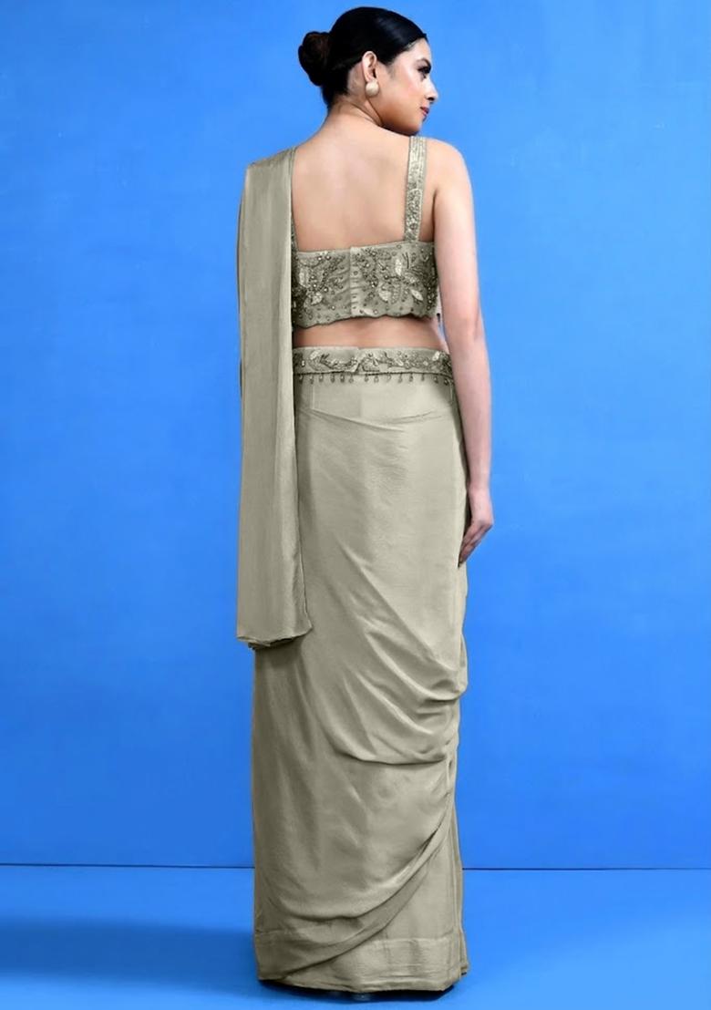 Beige Embroidered Handwork  Pre Draped Saree Set - Indya