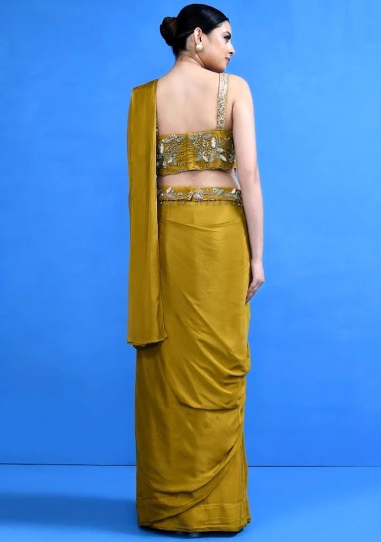 Mustard Yellow Embroidered Handwork Pre Draped Saree Set - Indya