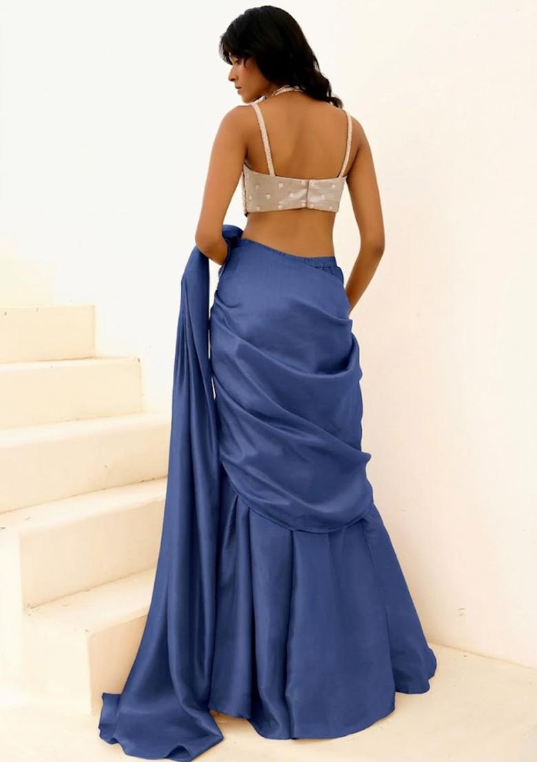 Slate Blue Embroidered Handwork Pre Draped Saree Set - Indya