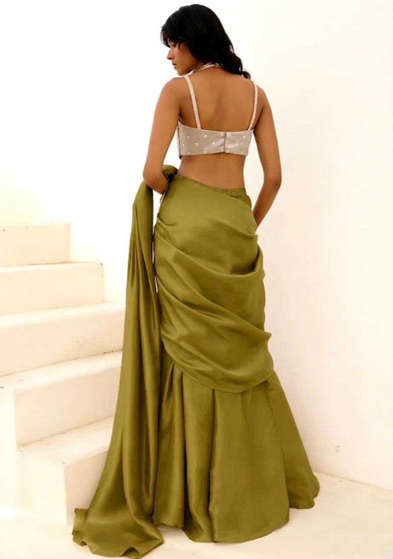 Lime Green Embroidered Handwork Pre Draped Saree Set - Indya