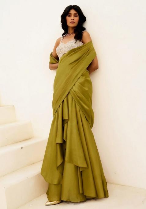 Lime Green Embroidered Handwork  Pre Draped Saree Set