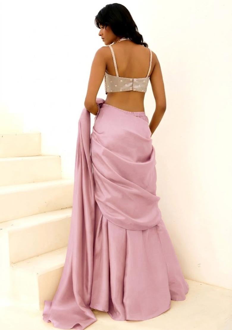 Rose Pink Embroidered Handwork Pre Draped Saree Set - Indya