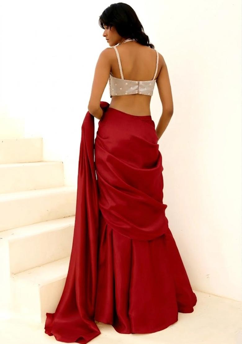 Red Embroidered Handwork Pre Draped Saree Set - Indya