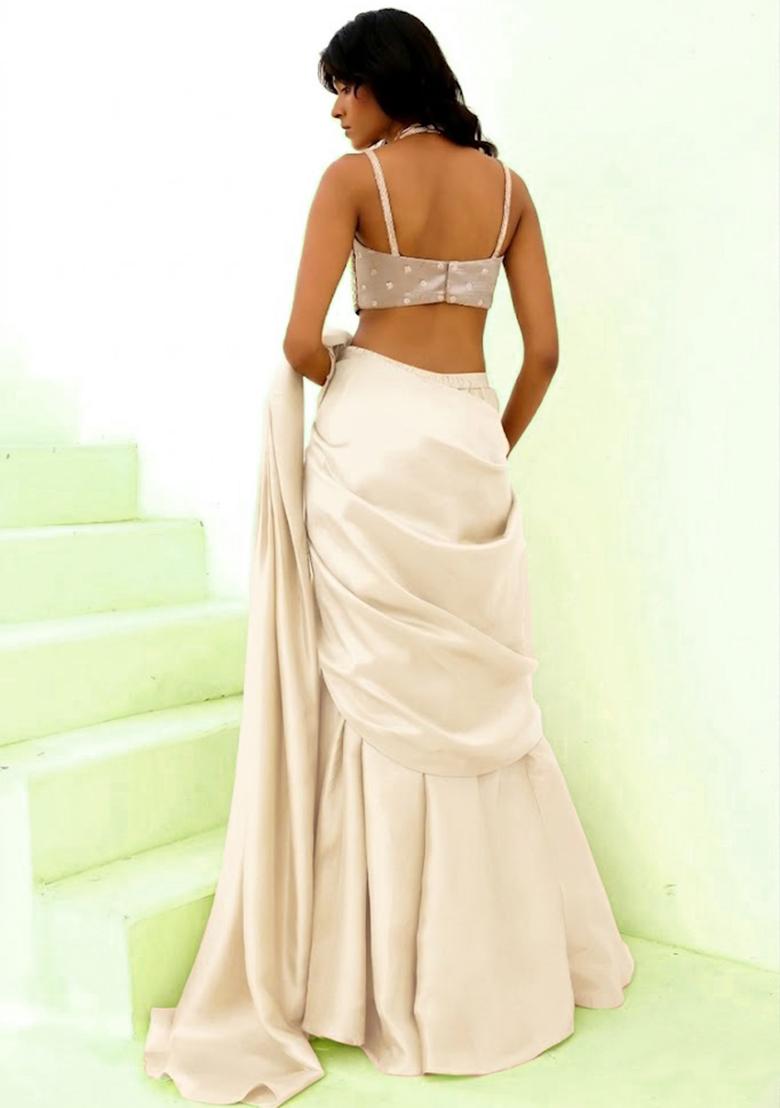 White Embroidered Handwork Pre Draped Saree Set - Indya