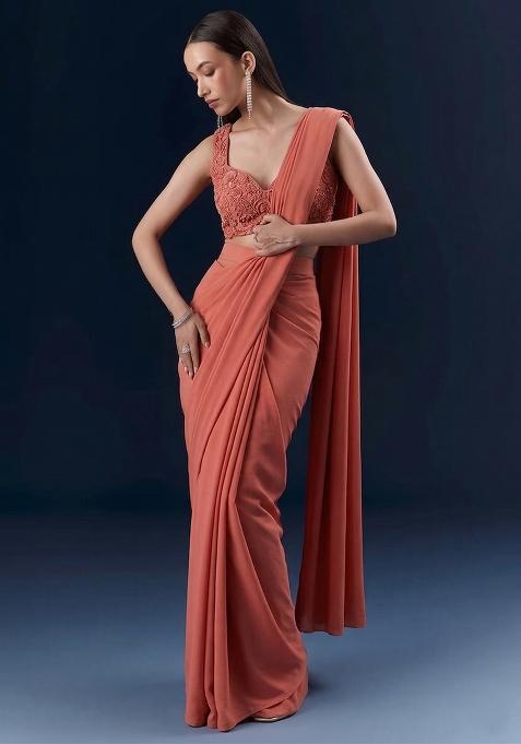 Terracotta Orange Embroidered Handwork  Pre Draped Saree Set