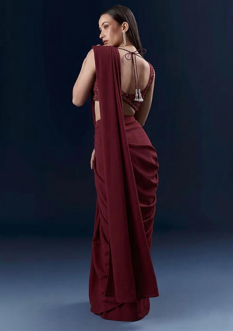 Maroon Embroidered Handwork  Pre Draped Saree Set - Indya