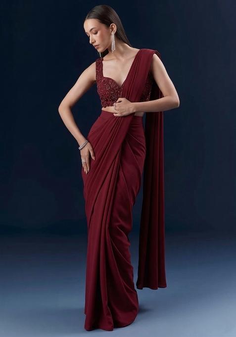 Maroon Embroidered Handwork  Pre Draped Saree Set
