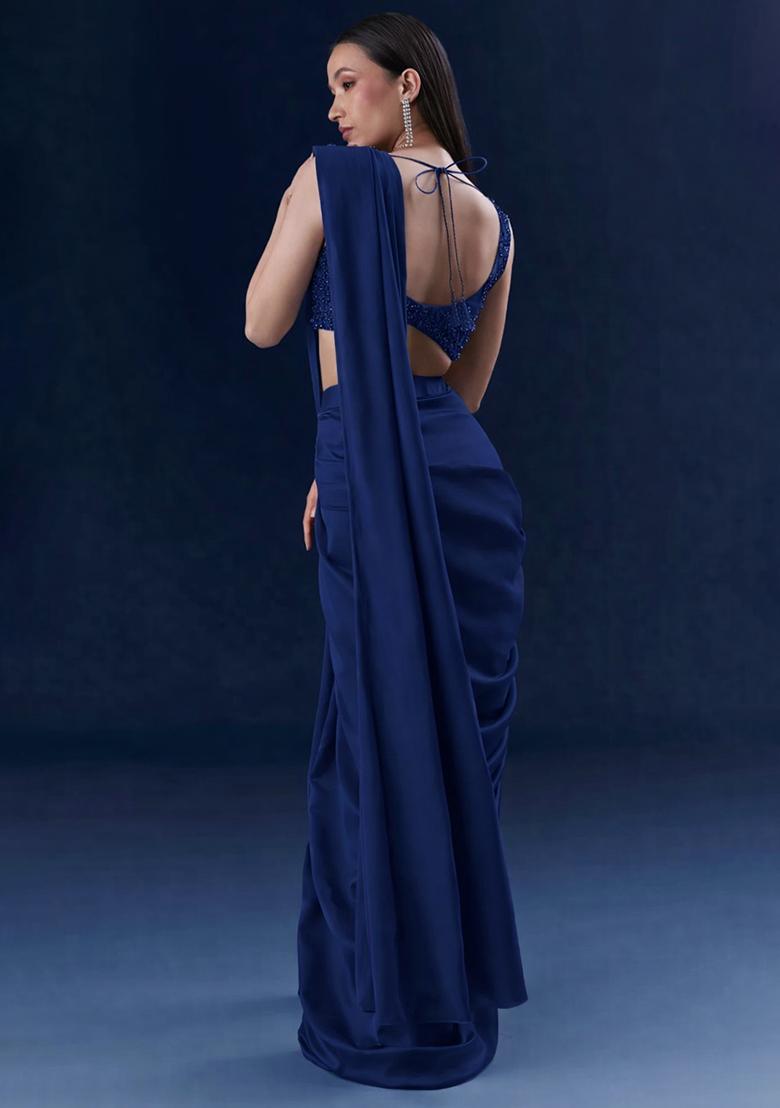 Dark Blue Embroidered Handwork Pre Draped Saree Set - Indya